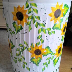 20 Gallon bright white wash, yellow sunflowers, greenery, scrolling. The Painted Can