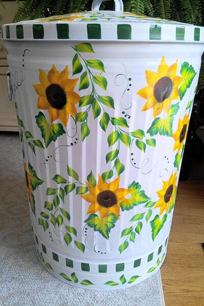 20 Gallon bright white wash, yellow sunflowers, greenery, scrolling. The Painted Can