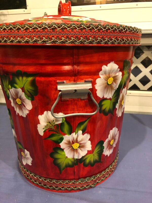 10 Gallon galvanized can burgundy wash, floral, greenery, braided trim. The Painted Can