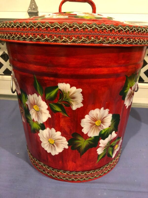 10 Gallon Galvanized Can Burgundy Wash, floral, greenery, Waverly braided trim on lid rim and base. The Painted Can
