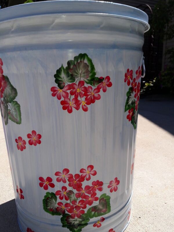 10 Gallon Galvanized Can Blue Wash, red floral lid rim and base. The Painted Can
