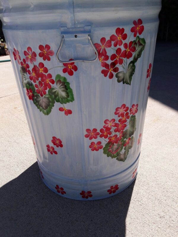 10 Gallon Galvanized Can Blue Wash, red floral lid rim and base. The Painted Can