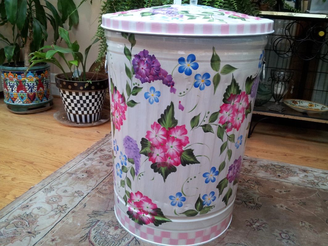 30 Gallon bright white with vibrant floral and greenery. The Painted Can