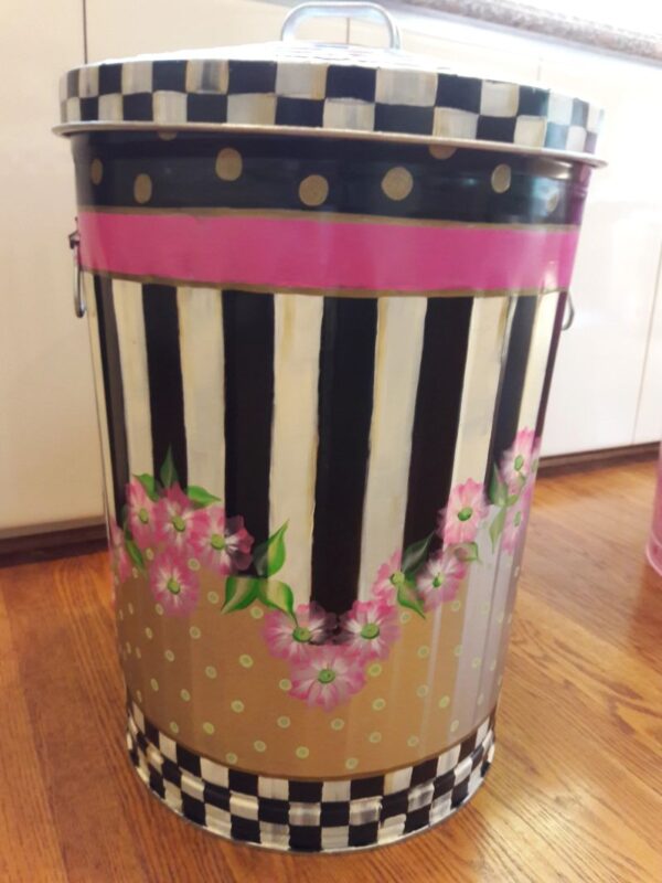 20 Gallon black & cream stripes, checks, gold dragging, floral, polka dots, greenery. The Painted Can