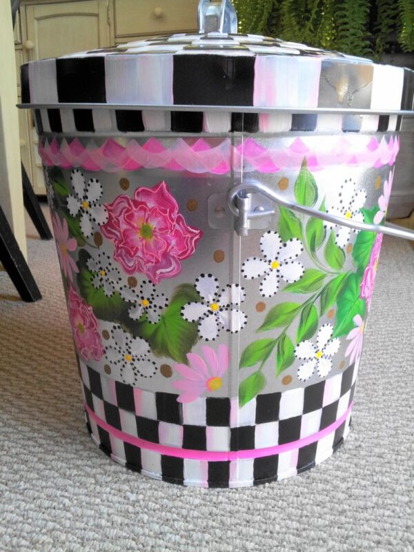 10 Gallon Galvanized Black & White Check, Pink Floral, Roping, Dimensional Trim. The Painted Can