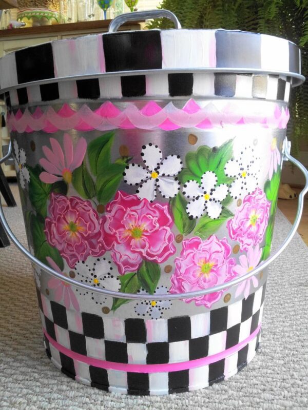 Multi Floral Colored Painted Can with a Handle Image