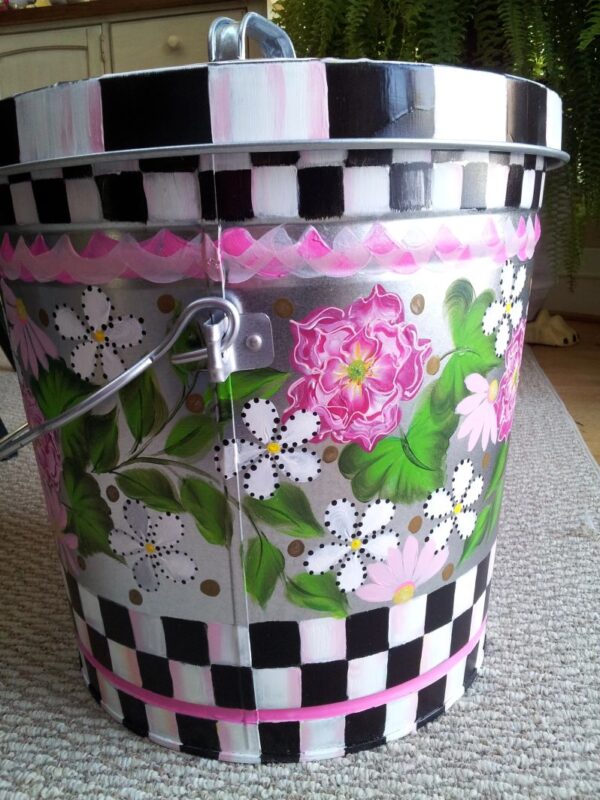 10 Gallon Galvanized Black & White Check, Pink Floral, Roping, Dimensional Trim. The Painted Can