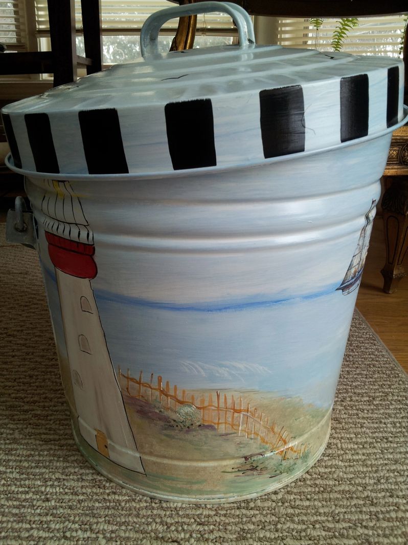 6 Gallon beach with lighthouse, fencing, beach, decoupaged sailing ships. The Painted Can