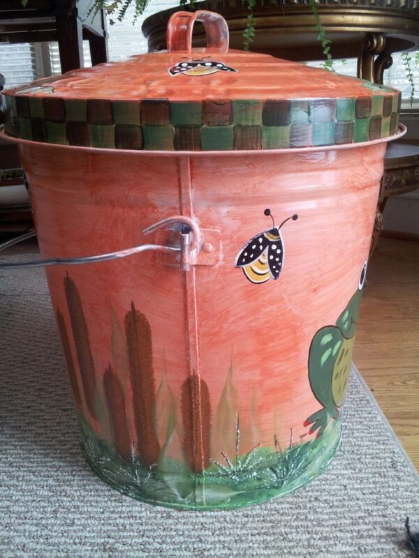 10 Gallon Brick Colored with Frogs, Cat Tails, Bumble Bees. The Painted Can