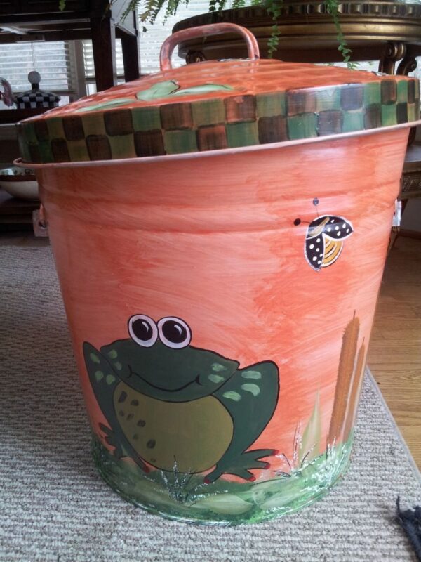 10 Gallon Brick Colored with Frogs, Cat Tails, Bumble Bees. The Painted Can