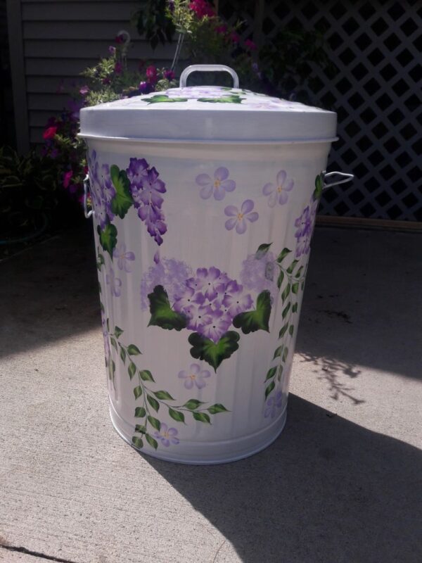 20 Gallon bright white wash, lavender floral, greenery. The Painted Can