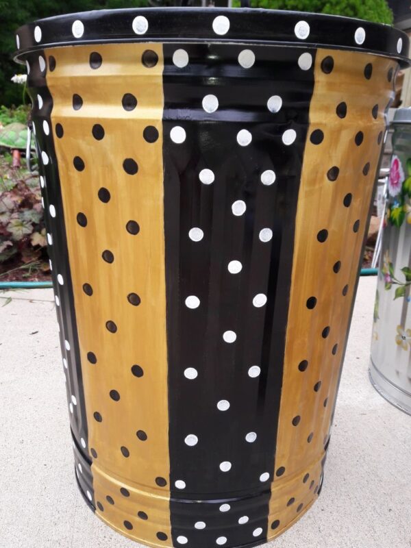 30 Gallon black and gold stripe with polka dots. The Painted Can