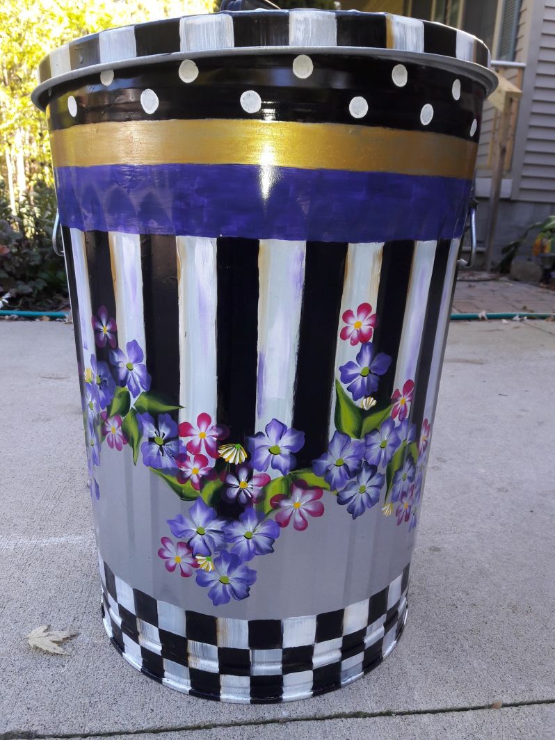 30 Gallon black & cream stripe with check with floral and banding. The Painted Can
