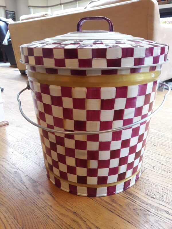 10 Gallon Galvanized red and white small checkered. The Painted Can