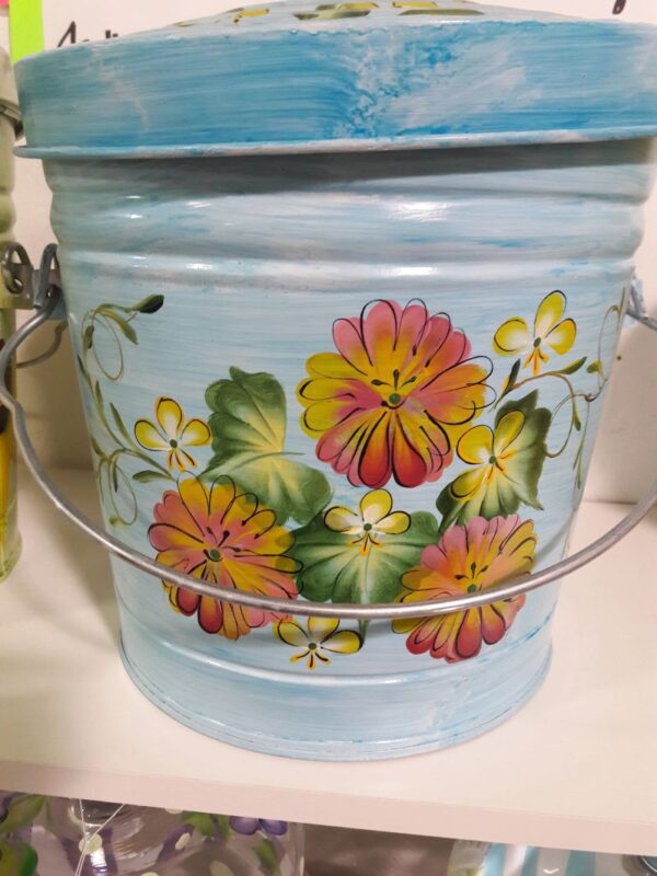 6 Gallon light calypso blue wash, floral, greenery. The Painted Can