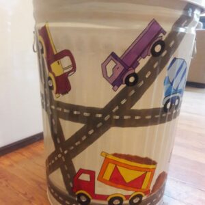 A white can with road and trucks designs