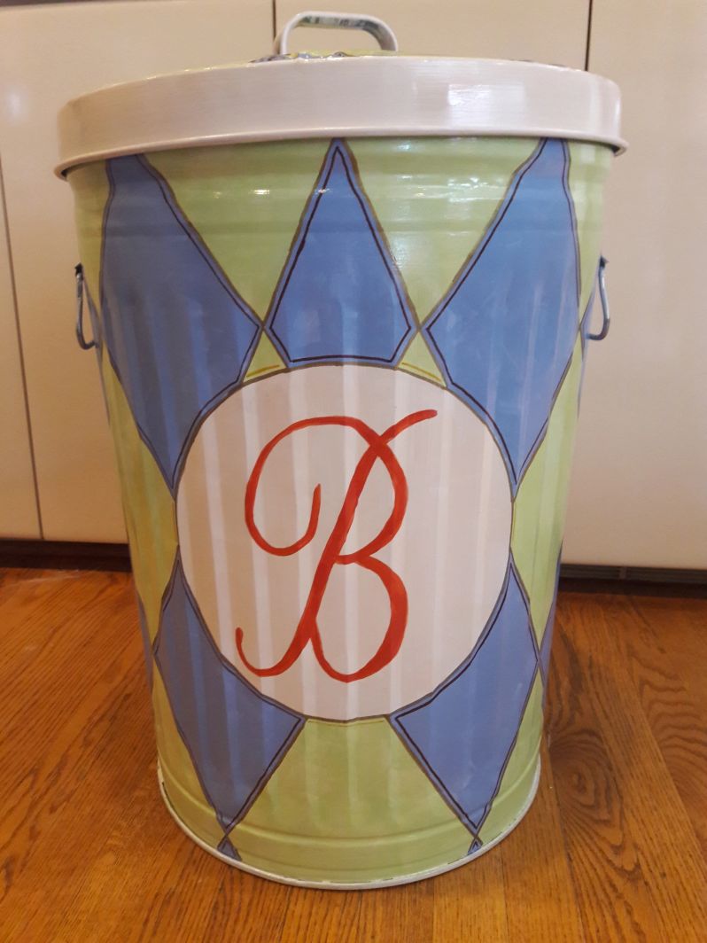 20 Gallon harlequin monogram with blue or green. The Painted Can