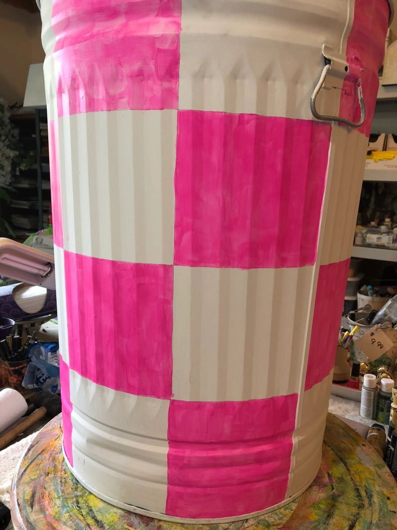 30 gallon white and pink large checks. The Painted Can