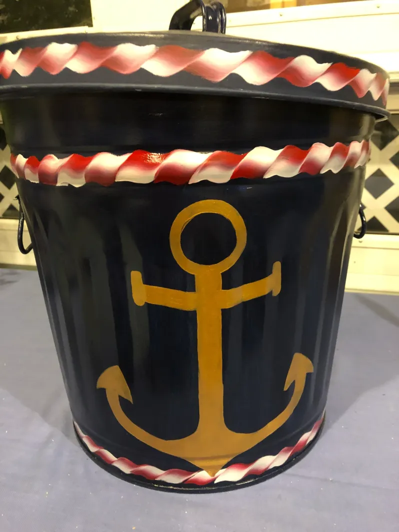 10 Gallon galvanized nautical, deep blue, red roping, metallic gold anchors. The Painted Can