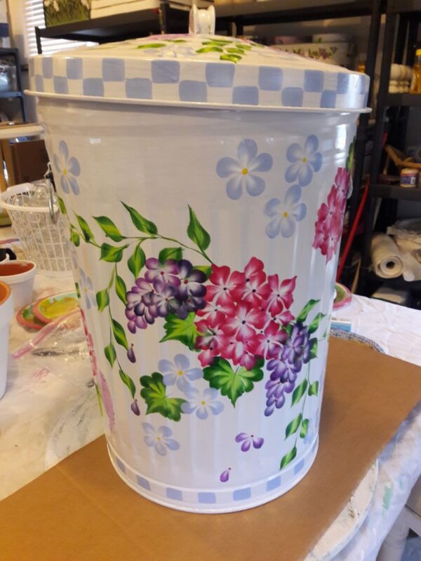 20 Gallon white wash, fuchsia, purple, blue floral, greenery. The Painted Can