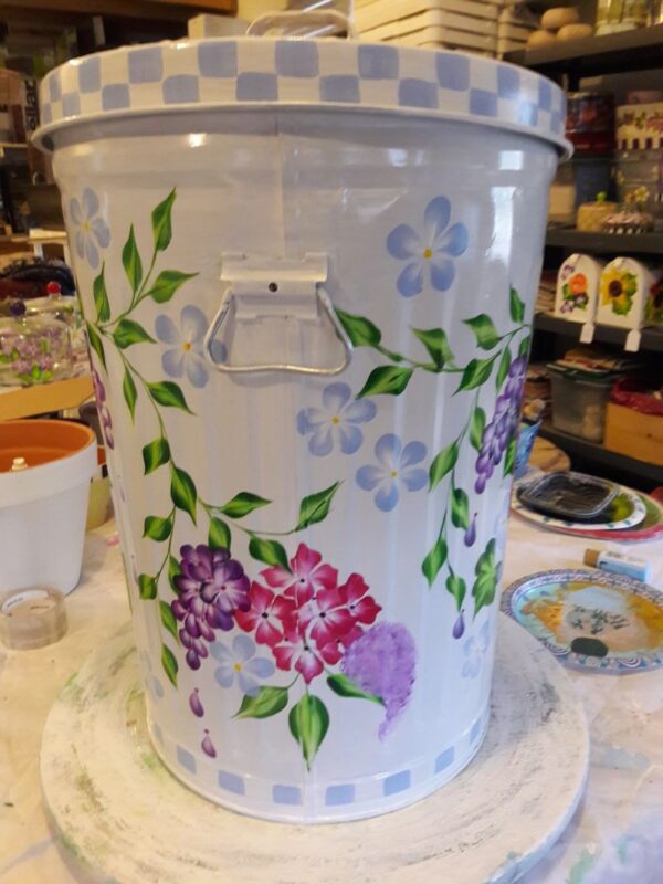 20 Gallon white wash, fuchsia, purple, blue floral, greenery. The Painted Can
