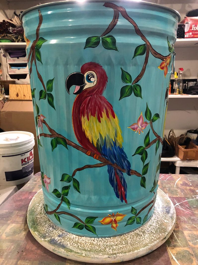 30 Gallon carib blue with macaws bright colors. The Painted Can