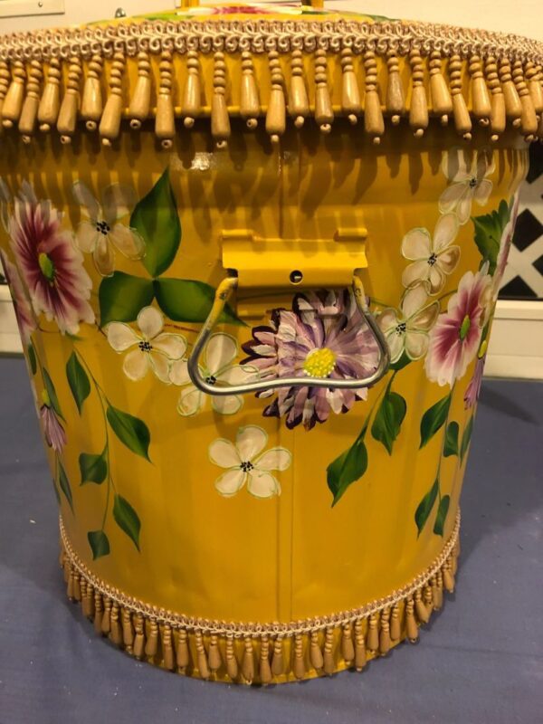 10 Gallon Galvanized Can Yellow Ochre wash, greenery, floral vines, Waverly Beaded trim on lid rim and base. The Painted Can