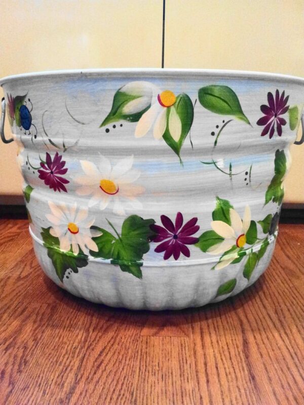 Bushel white wash with floral, berries and greenery. The Painted Can