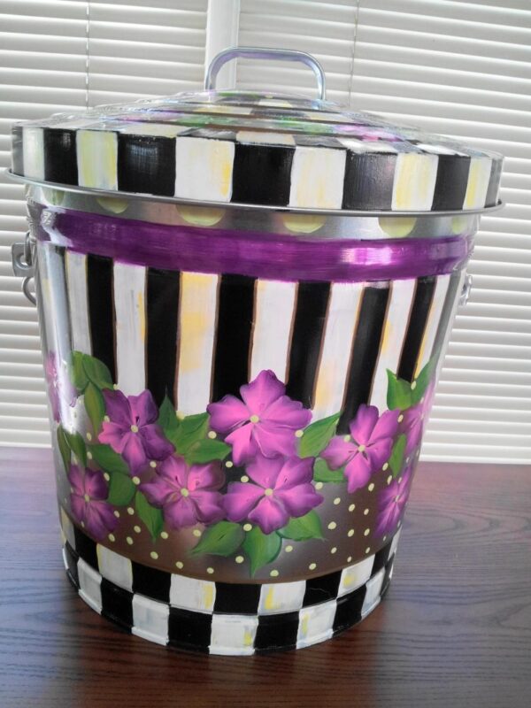 10 Gallon galvanized with stripes, floral, checks. The Painted Can