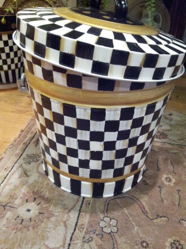 6 Gallon black & white large check, gold, gold & black check. The Painted Can