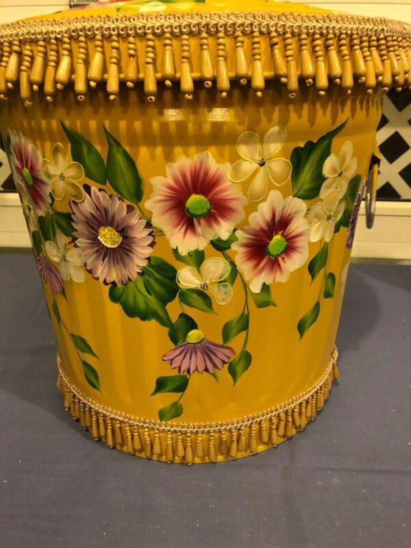 10 Gallon Galvanized Can Yellow Ochre wash, greenery, floral vines, Waverly Beaded trim on lid rim and base. The Painted Can