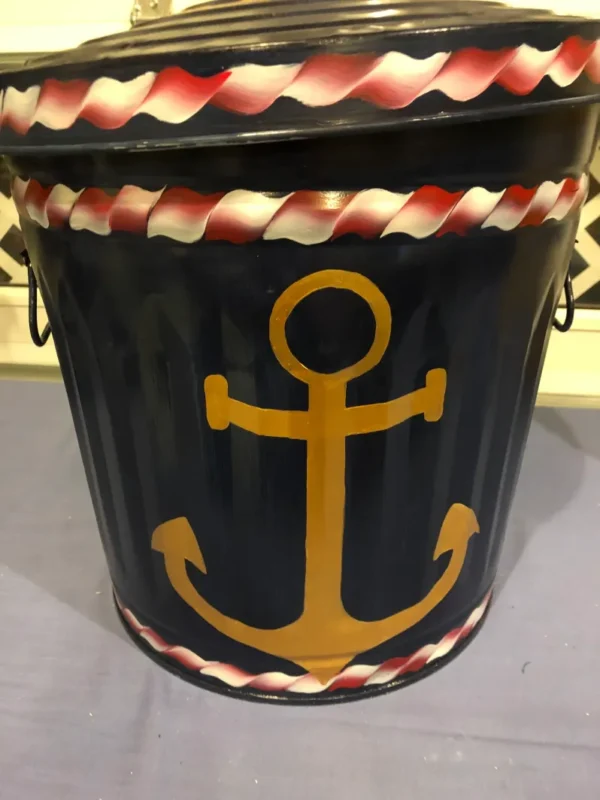 10 Gallon Galvanized Nautical Deep Blue, red or white roping, metallic gold anchors. The Painted Can