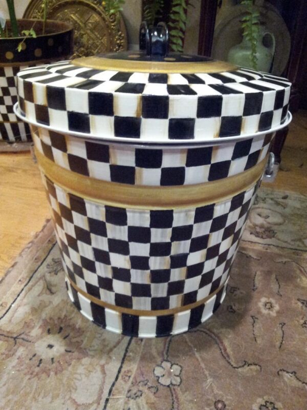 10 Gallon black & cream check with gold dragging, gold band. The Painted Can