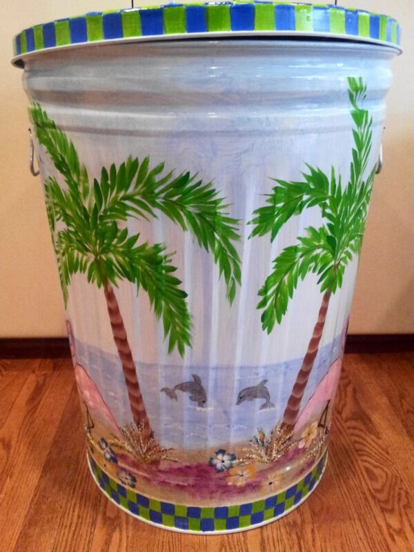 30 Gallon beach life, dolphins, flamingos, blue checked lid rim can base. The Painted Can