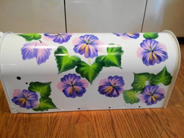 Mailbox Bright white with purple pink pansies. The Painted Can