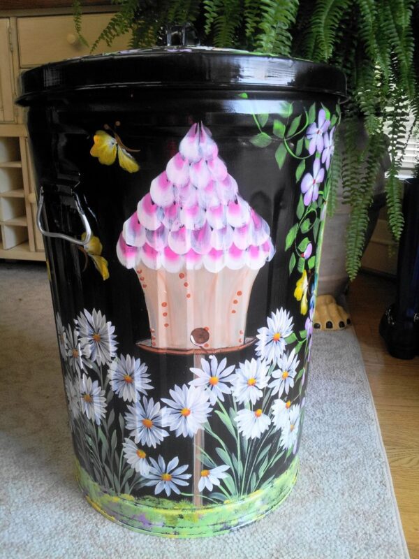 20 Gallon Pure Black Wash, Vibrant Garden and Birdhouses, Yellow Butterflies, Greenery