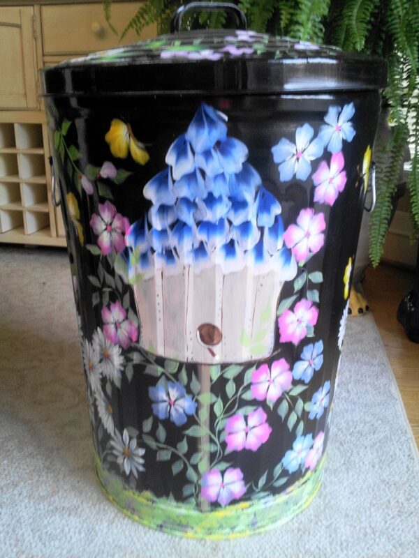 20 Gallon Pure Black Wash, Vibrant Garden and Birdhouses, Yellow Butterflies, Greenery - Image 2