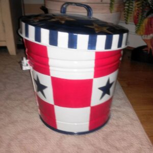 10 Gallon bright red & white large checks, gold outline, gold stars. The Painted Can