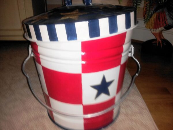 10 Gallon Bright Red & White Large Checks, Blue Stars, Gold Outline, Navy Lid with Gold Stars. The Painted Can