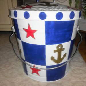 10 Gallon blue and white checks with stars and anchors. The Painted Can