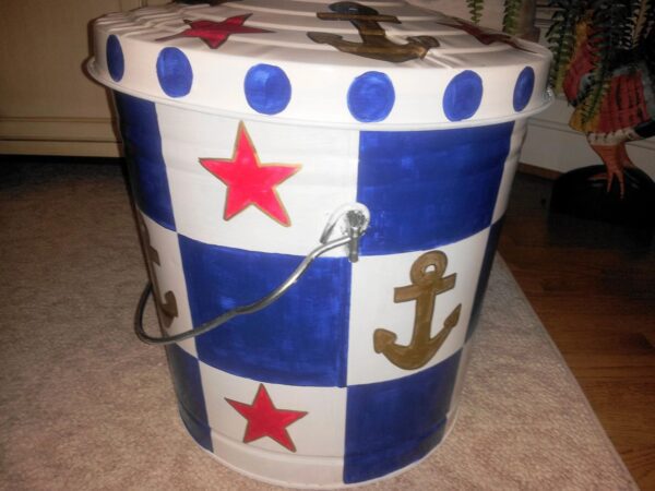 10 Gallon Bright Blue & White Large Checks, Gold Anchors, Red Stars. The Painted Can