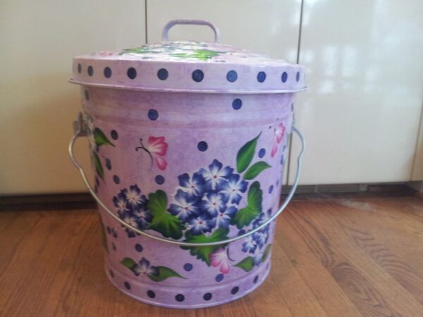 10 Gallon white wash blue green leafs and blue floral with butterflies. The Painted Can