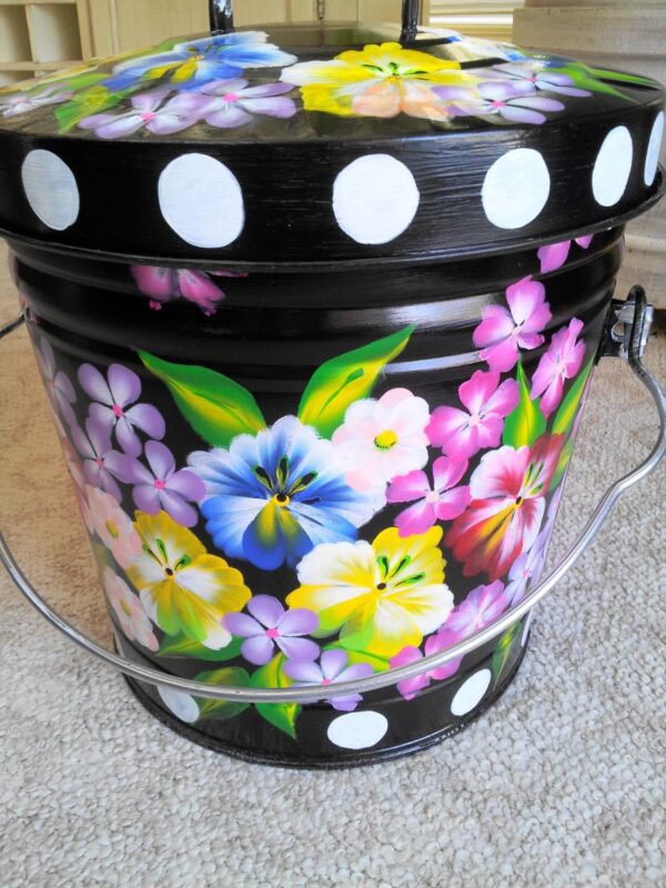10 Gallon black painted colorful flora Can Base. The Painted Can