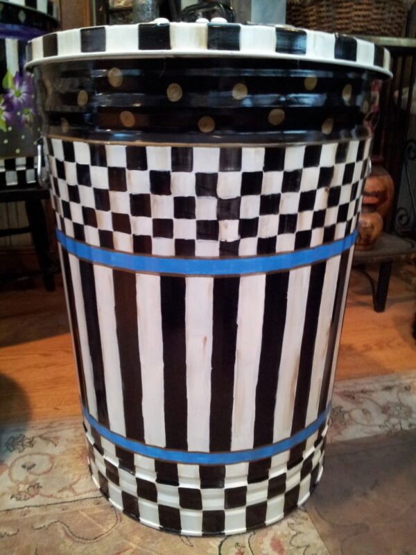 30 Gallon black white check and stripe, blue banding, polka dot. The Painted Can