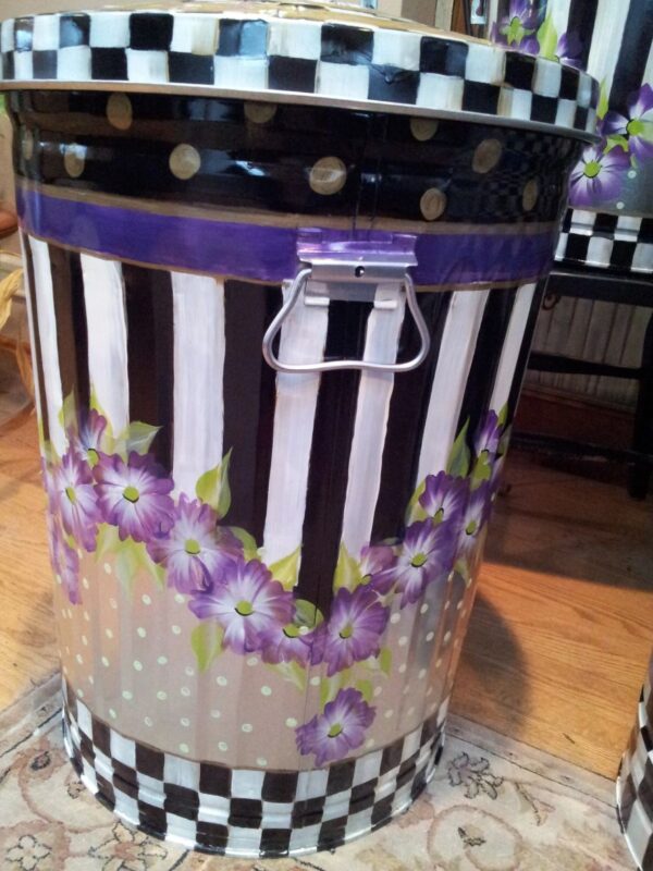 20 Gallon black & cream stripe or check with red violet floral trim. The Painted Can