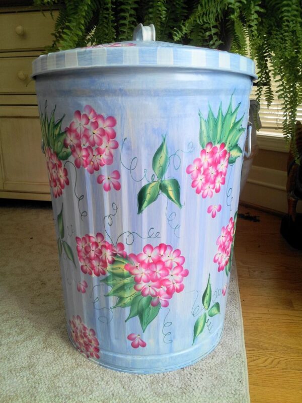 20 Gallon blue belle wash, magenta floral, greenery, dimensional scroll. The Painted Can