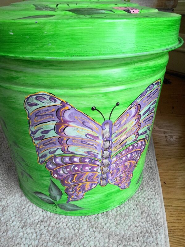 6 Gallon bright green wash, metallic butterflies, pink ladybugs. The Painted Can
