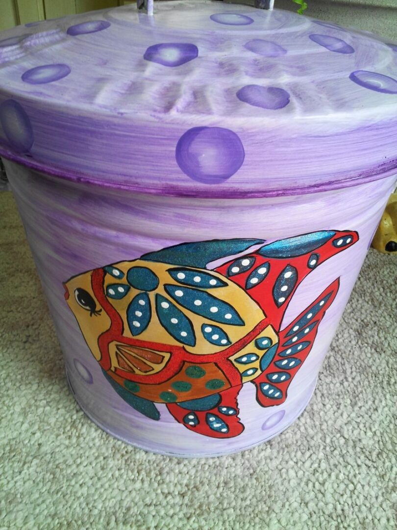 6 Gallon red violet wash, metallic colored fish, polka dots. The Painted Can