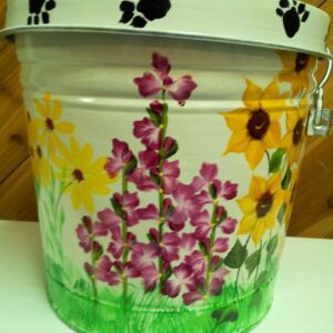 10 Gallon Galvanized Can cream wash, purple floral and yellow flowers. The Painted Can