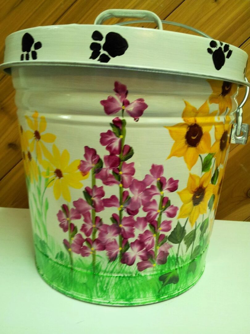 10 Gallon Galvanized Can cream wash, purple floral and yellow flowers. The Painted Can